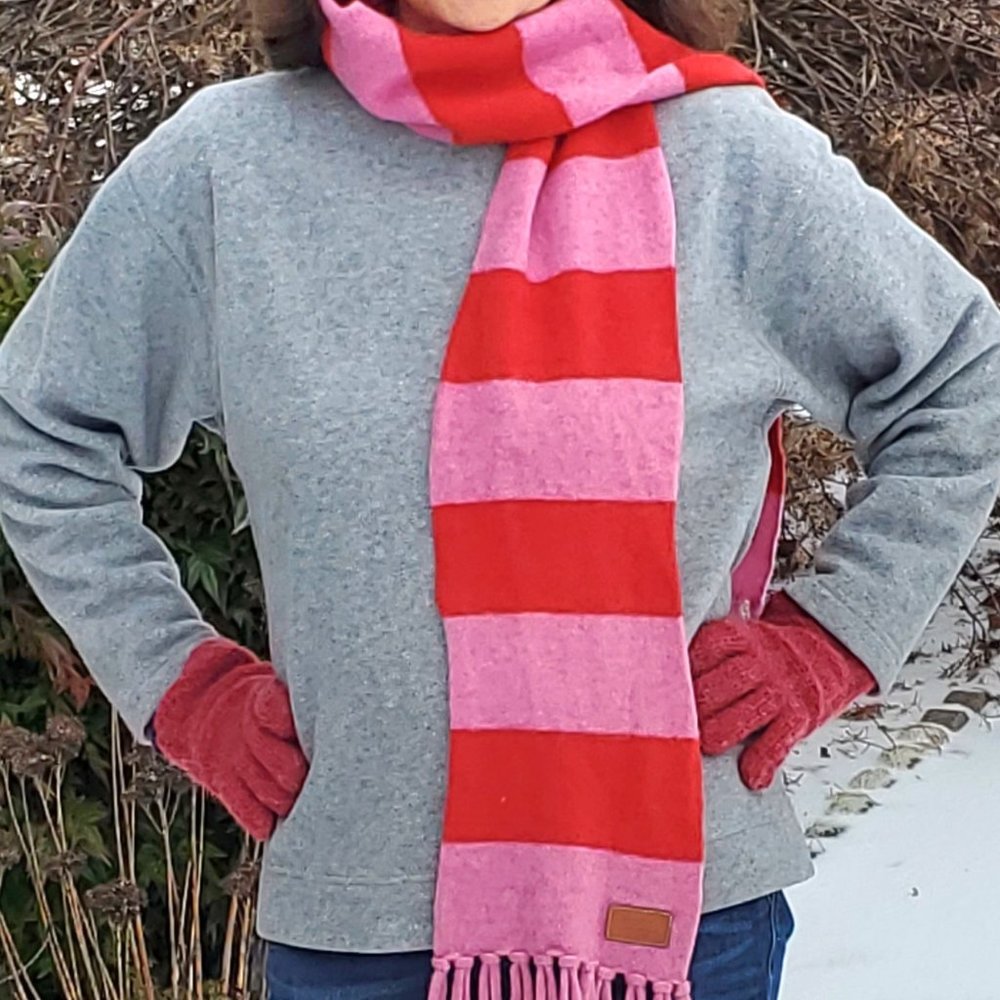 Coach Leatherware Fringed Wool Scarf in Pink and Red Stripes